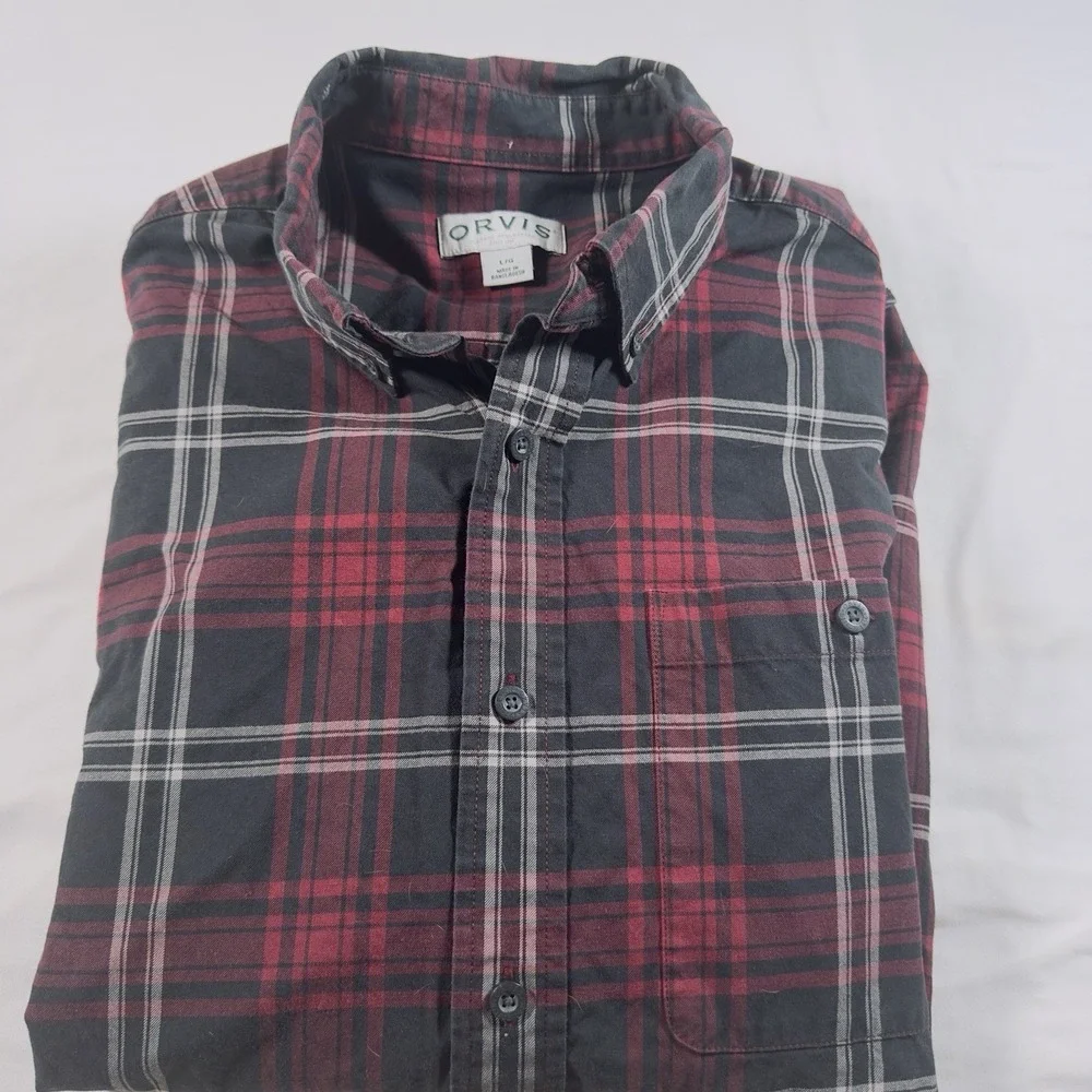 Orvis Shirt Men L Button Up Red Plaid Flannel 100 Cotton Heavyweight Outdoor